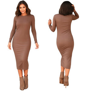 NWT Women's Promesa Brown Long Sleeve Semi Sheer Midi Dress Large